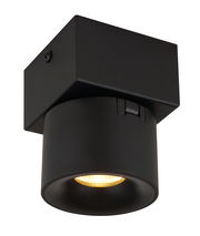 Schwarzer LED-Strahler von Globo Lighting, Ansicht von unten mit leuchtender LED.