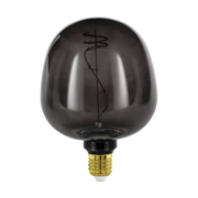 Rauchgraue Glühbirne mit sichtbarem Filament, frontal betrachtet