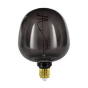 Rauchgraue Glühbirne mit sichtbarem Filament, frontal betrachtet