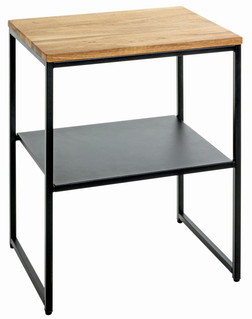 Moderner Beistelltisch mit Holzplatte und schwarzem Metallgestell, seitliche Perspektive