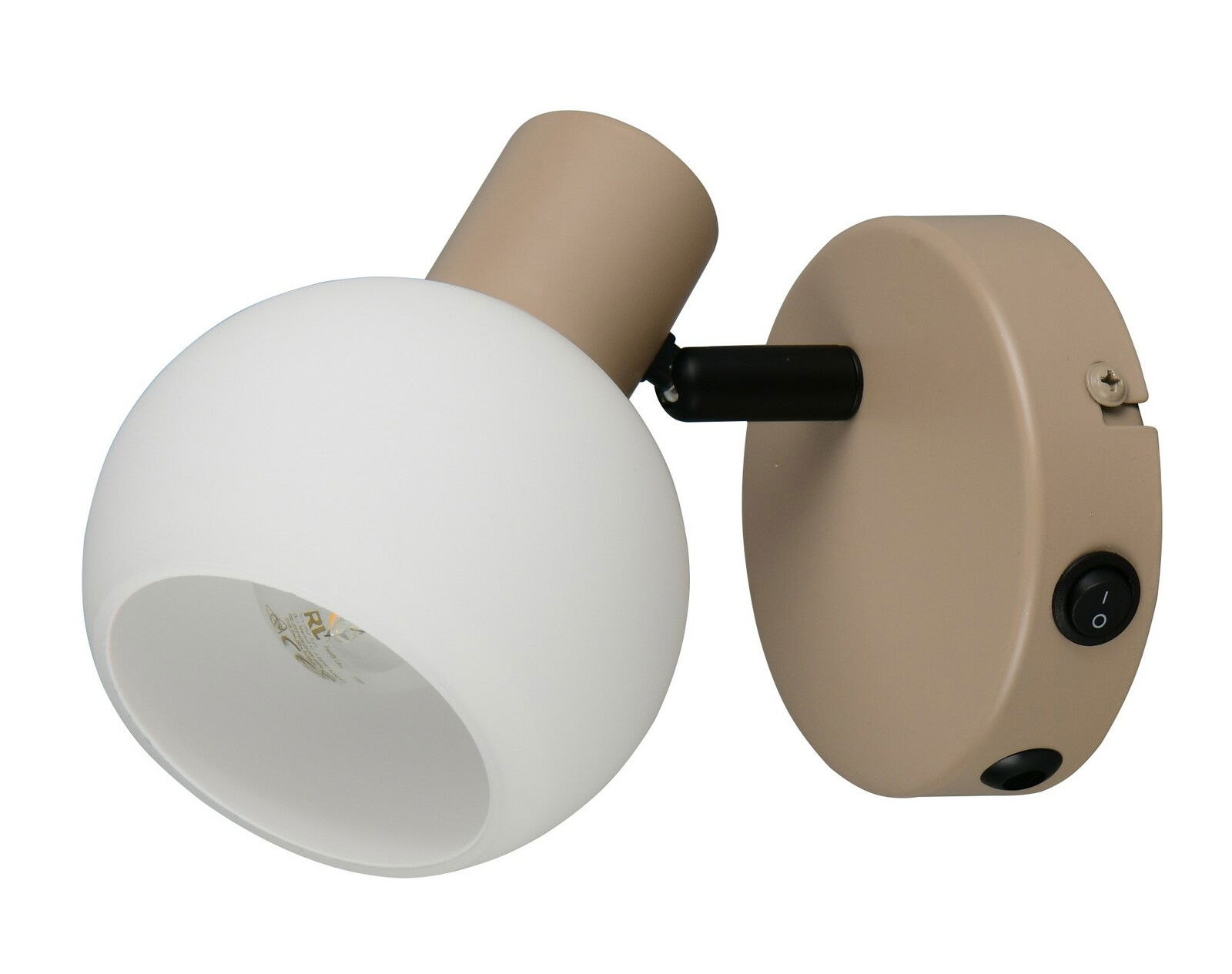 Beigefarbener Strahler mit rundem, weißem Lampenschirm und Schalter, seitliche Perspektive