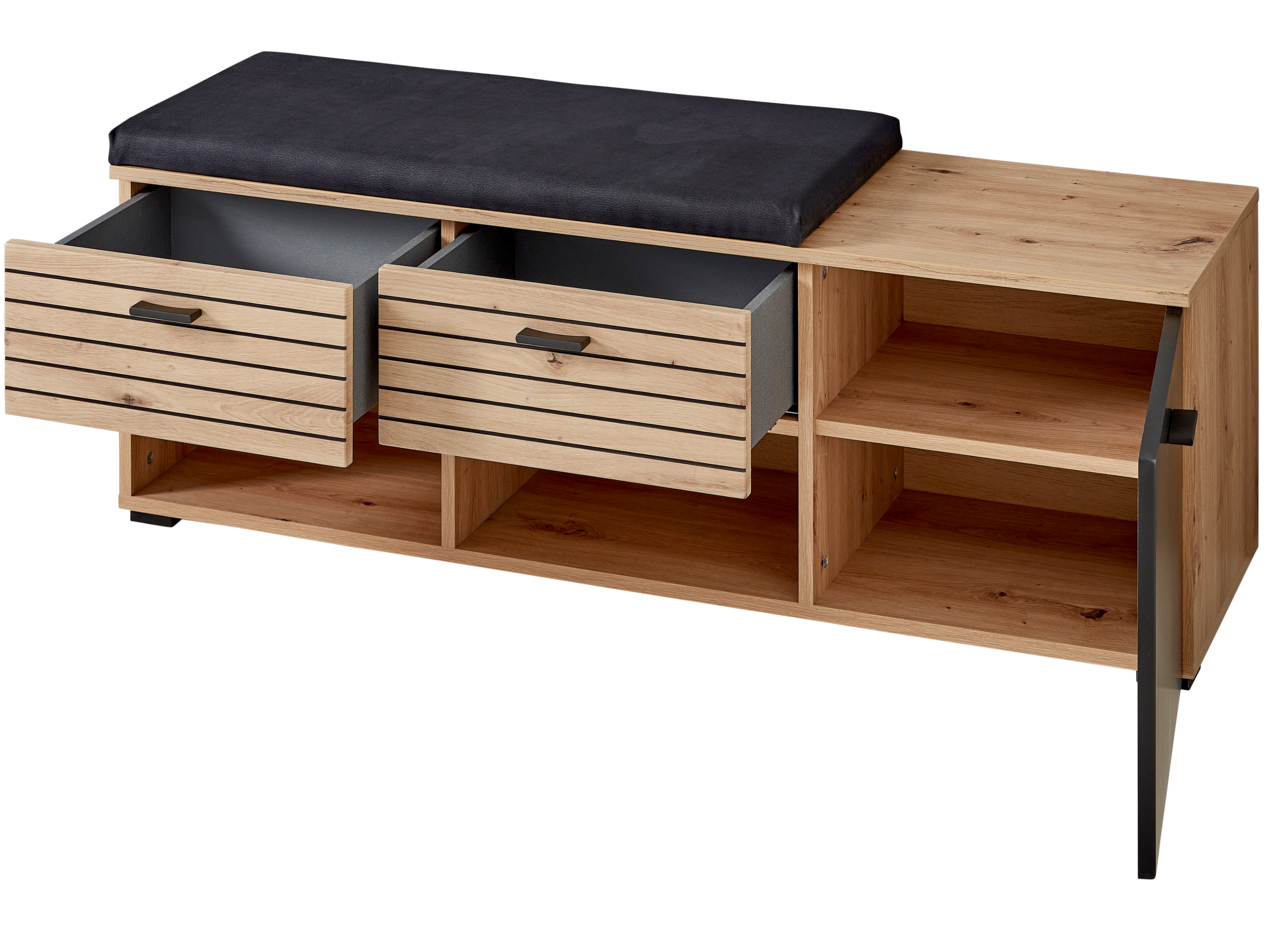 Garderoben-Set mit zwei offenen Schubladen und einem gepolsterten Sitzkissen, aus Holz mit Metallgriffen, seitliche Perspektive