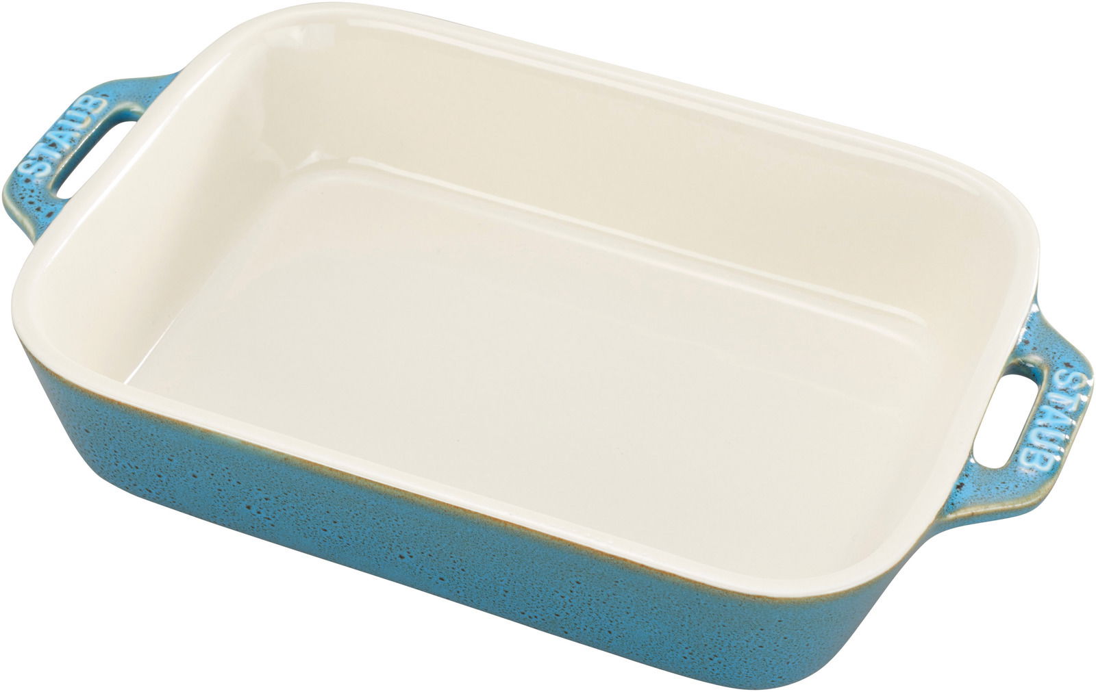 Rechteckige, türkisfarbene Auflaufform mit Griffen, aus schräger Perspektive fotografiert.
