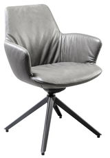 Grauer Armlehnstuhl aus Leder mit Metallbeinen, seitliche Perspektive