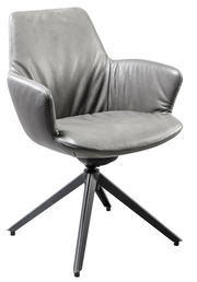 Grauer Armlehnstuhl aus Leder mit Metallbeinen, seitliche Perspektive