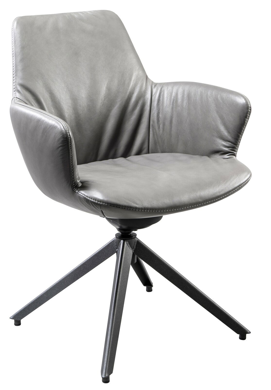 Grauer Armlehnstuhl aus Leder mit Metallbeinen, seitliche Perspektive