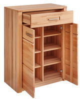 Holzschrank mit geöffneter Schublade und Türen, zeigt Innenregale, Perspektive von vorne links