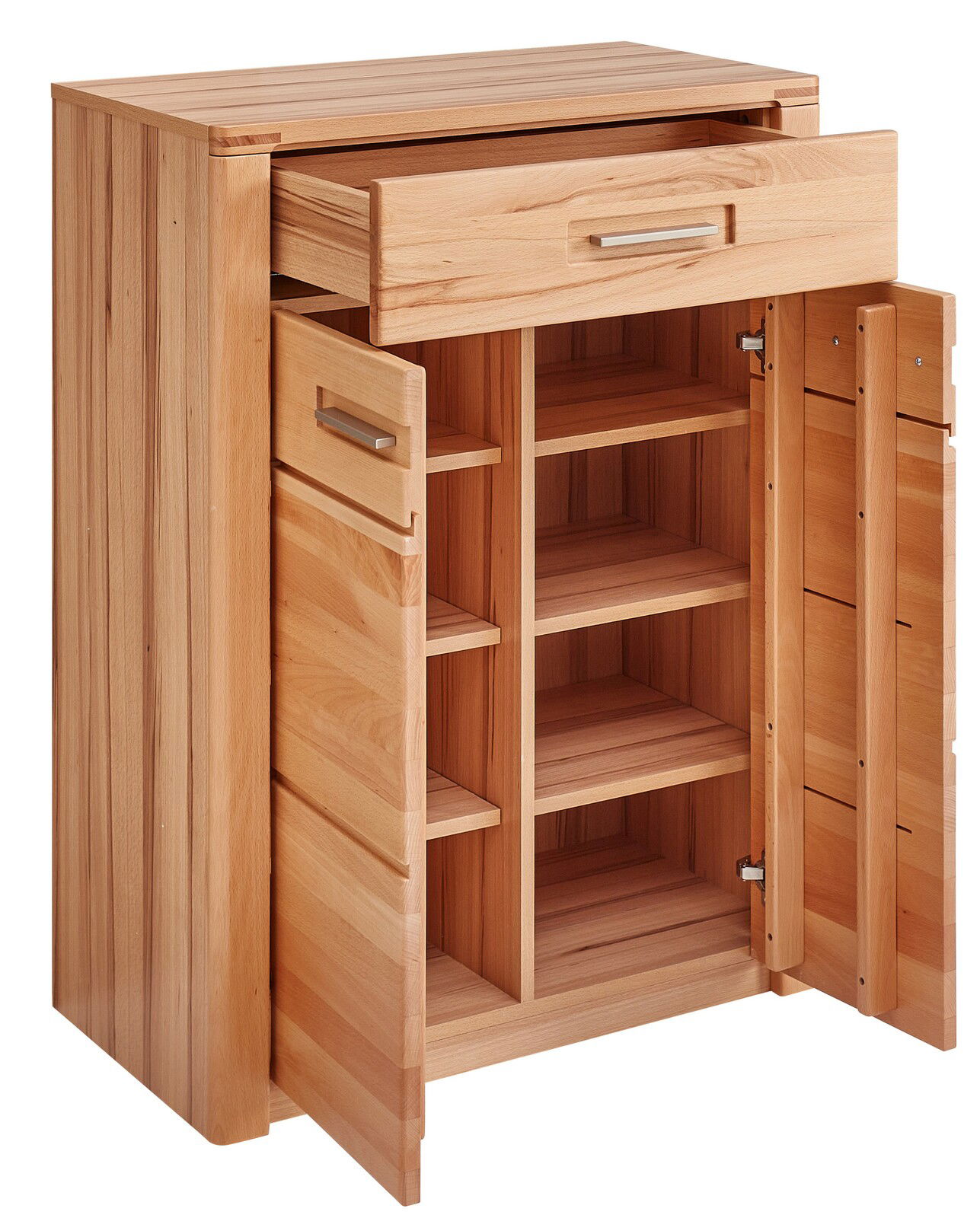 Holzschrank mit geöffneter Schublade und Türen, zeigt Innenregale, Perspektive von vorne links