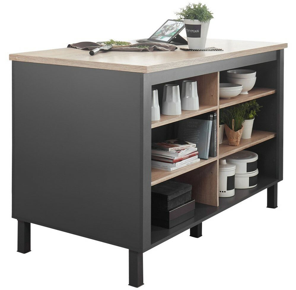 Kücheninsel mit schwarzem Korpus und Holzarbeitsplatte, seitliche Perspektive, mit Regalfächern für Geschirr und Dekoration.