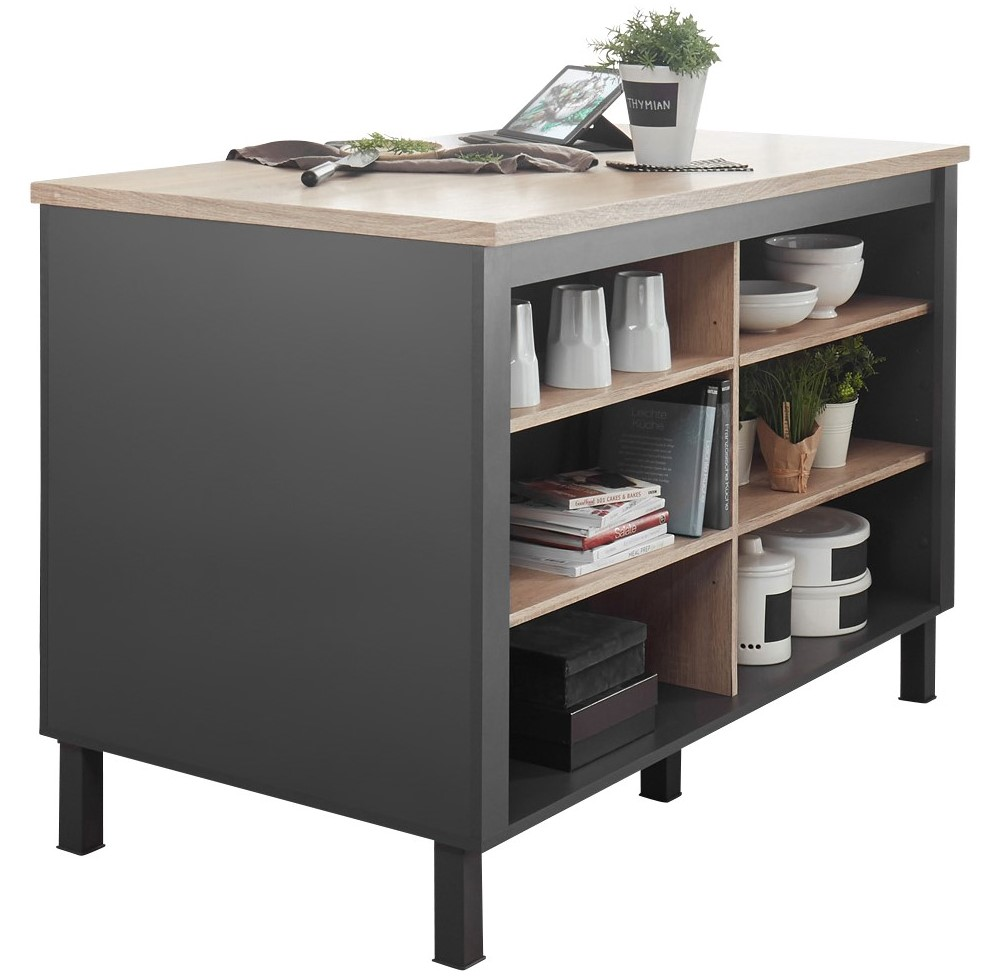 Smartkitchen Kücheninsel BILBERRY Kücheninsel mit schwarzem Korpus und Holzarbeitsplatte, seitliche Perspektive, mit Regalfächern für Geschirr und Dekoration.