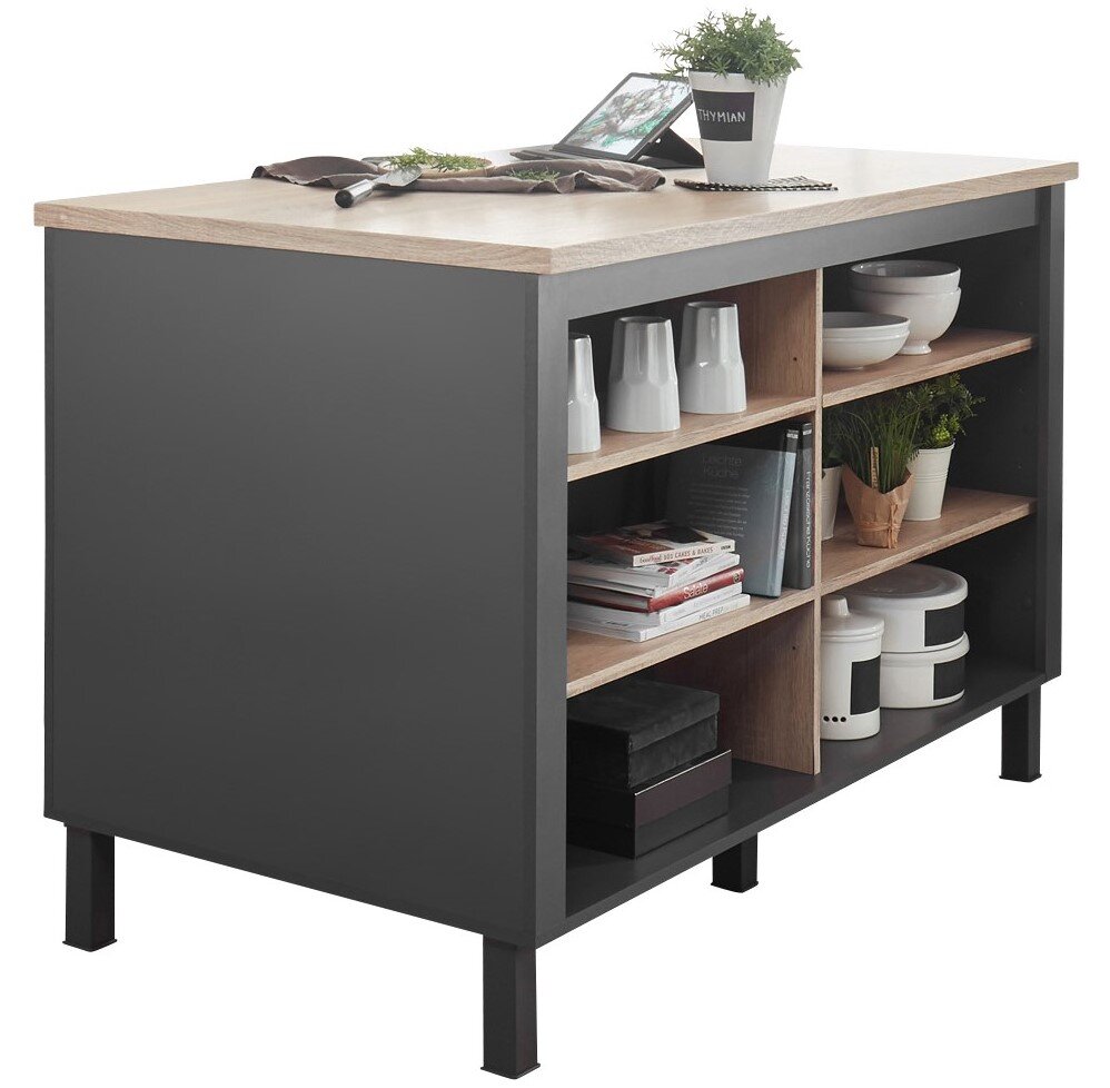 Smartkitchen Kücheninsel BILBERRY Kücheninsel mit schwarzem Korpus und Holzarbeitsplatte, seitliche Perspektive, mit Regalfächern für Geschirr und Dekoration.