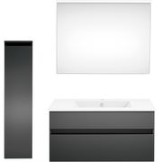 Moderne Badkombination in dunklem Grau mit Waschbecken, Spiegel und hohem Schrank, Frontalansicht.