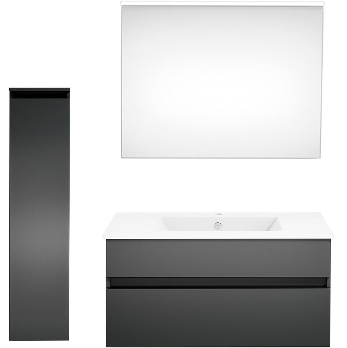 Moderne Badkombination in dunklem Grau mit Waschbecken, Spiegel und hohem Schrank, Frontalansicht.