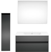 Moderne Badkombination in dunklem Grau mit Waschbecken, Spiegel und hohem Schrank, Frontalansicht.