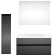 Moderne Badkombination in dunklem Grau mit Waschbecken, Spiegel und hohem Schrank, Frontalansicht.