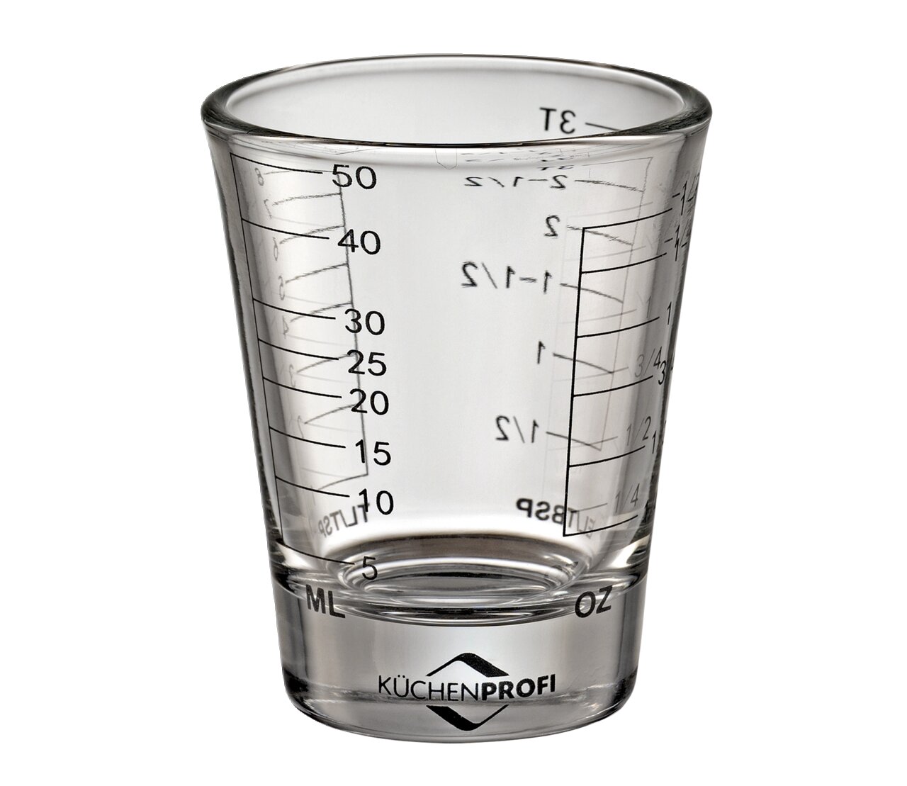 Mini-Messbecher aus Glas mit Skala in Millilitern und Unzen, seitliche Perspektive