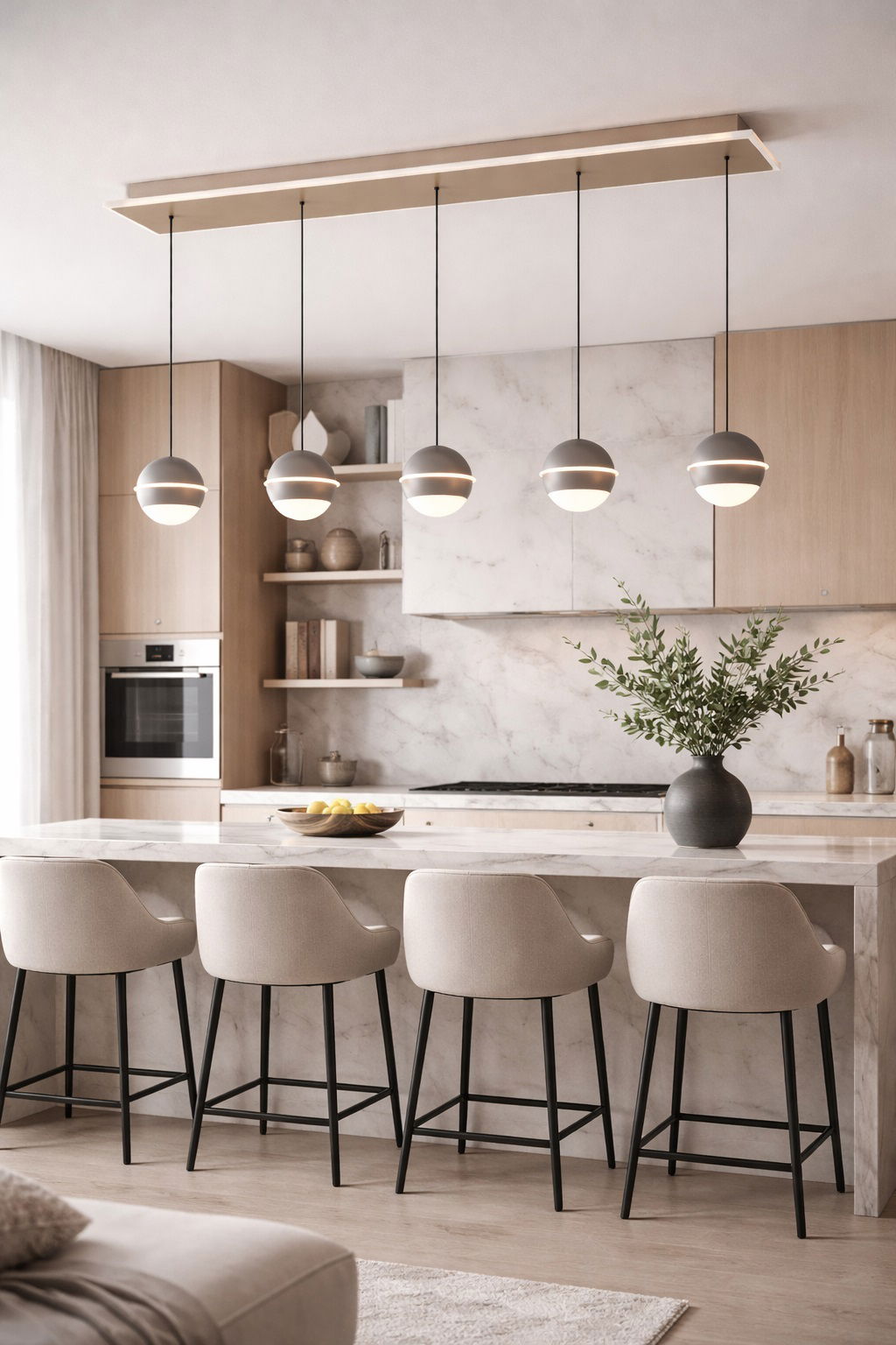 Moderne LED-Pendelleuchte mit fünf kugelförmigen Lampen über einer Kücheninsel, seitliche Perspektive.