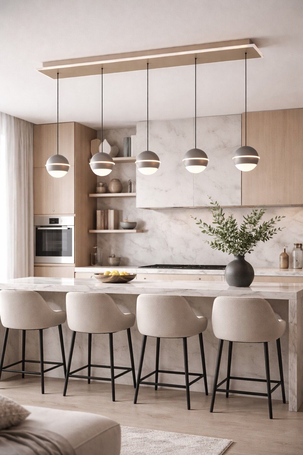 Moderne LED-hanglamp met vijf bolvormige lampen boven een kookeiland, gezien vanaf de zijkant.