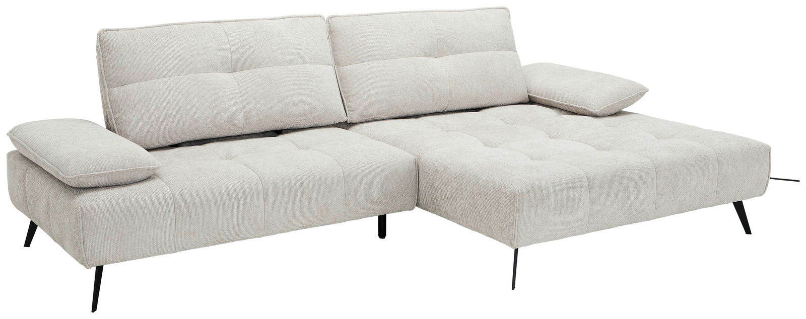 Beige Longchairkombination mit zwei Rückenkissen und einem Armlehnenkissen, seitliche Perspektive