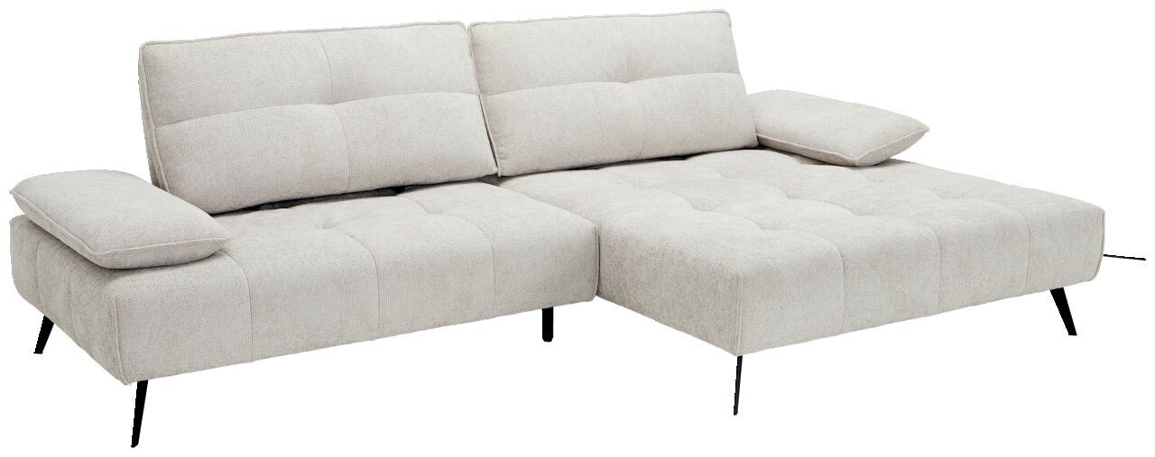 Beige Longchairkombination mit zwei Rückenkissen und einem Armlehnenkissen, seitliche Perspektive