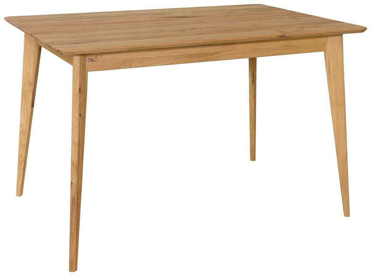 Holzesstisch mit rechteckiger Tischplatte und schrägen Beinen, seitliche Perspektive