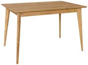 Holzesstisch mit rechteckiger Tischplatte und schrägen Beinen, seitliche Perspektive