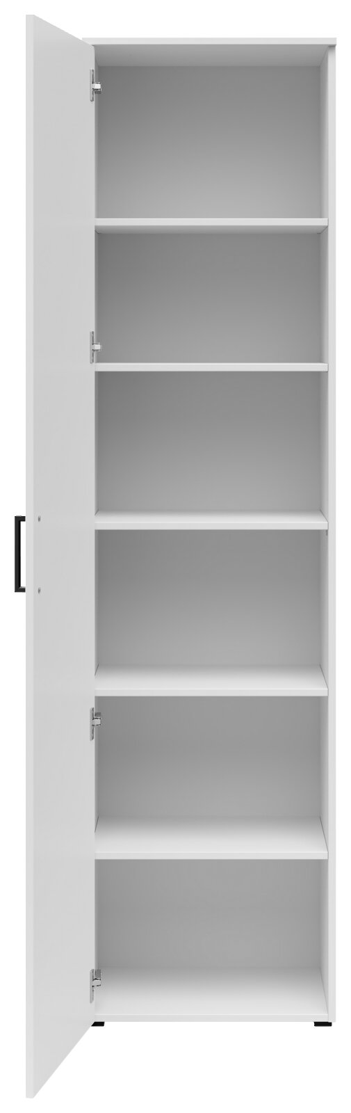 Weißer Mehrzweckschrank mit geöffneter Tür, fünf Einlegeböden, Frontalansicht
