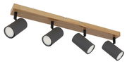 Deckenstrahler mit vier zylindrischen, graphitfarbenen Leuchten an einer Holzleiste, seitliche Perspektive