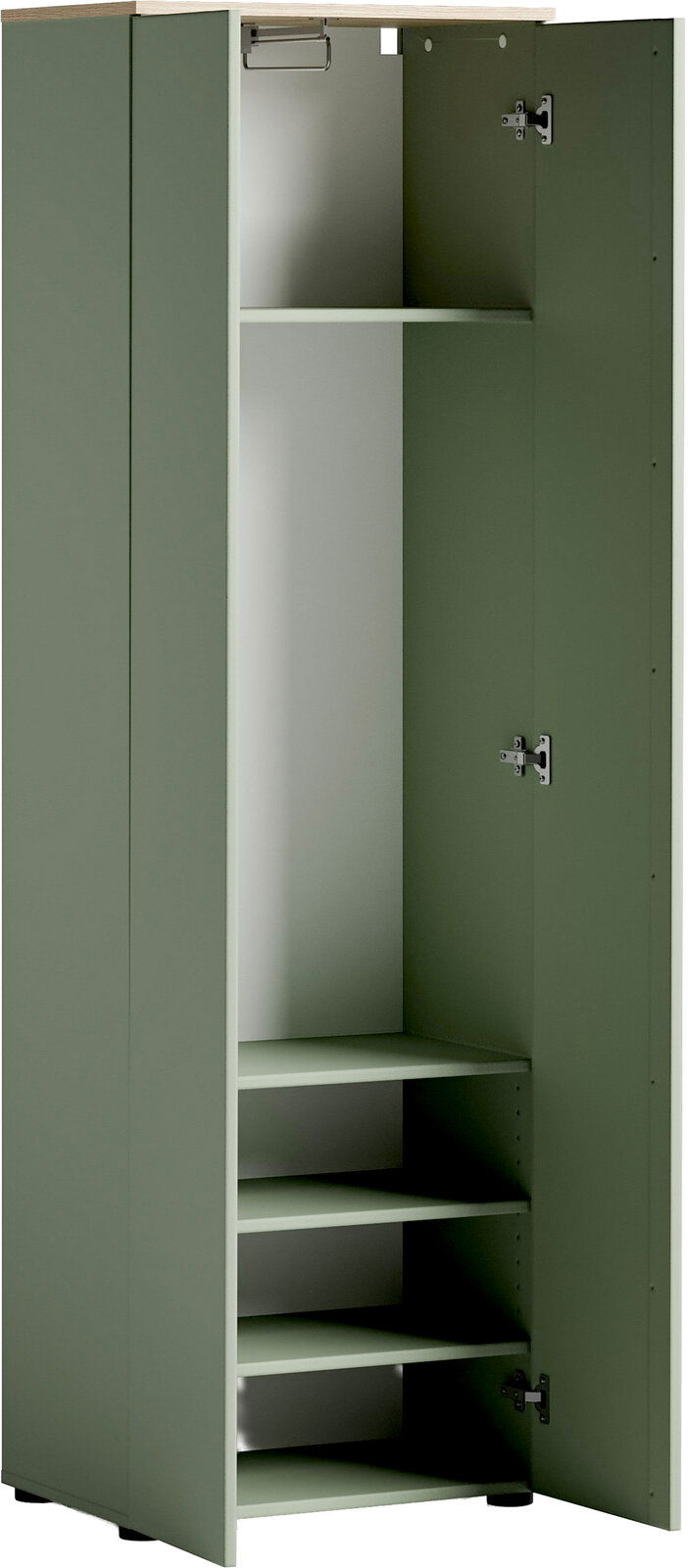 Offener grüner Garderobenschrank mit mehreren Regalböden und Kleiderstange, Perspektive von vorne.