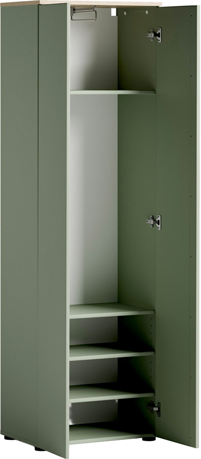 Offener grüner Garderobenschrank mit mehreren Regalböden und Kleiderstange, Perspektive von vorne.