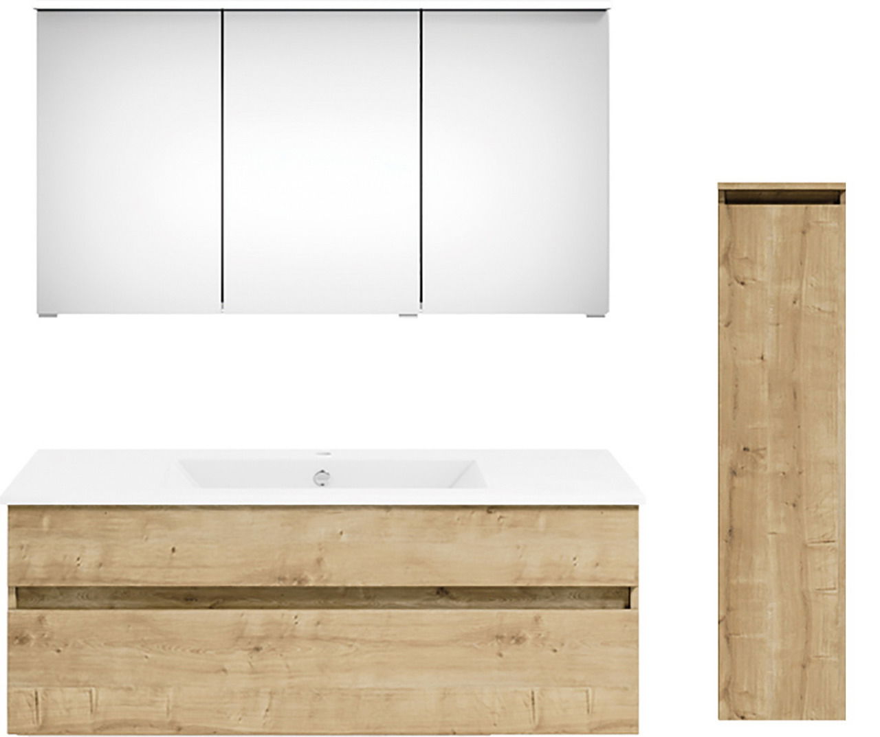 Badkombination mit Spiegelschrank, Waschbeckenunterschrank und hohem Schrank in Holzoptik, Frontalansicht.