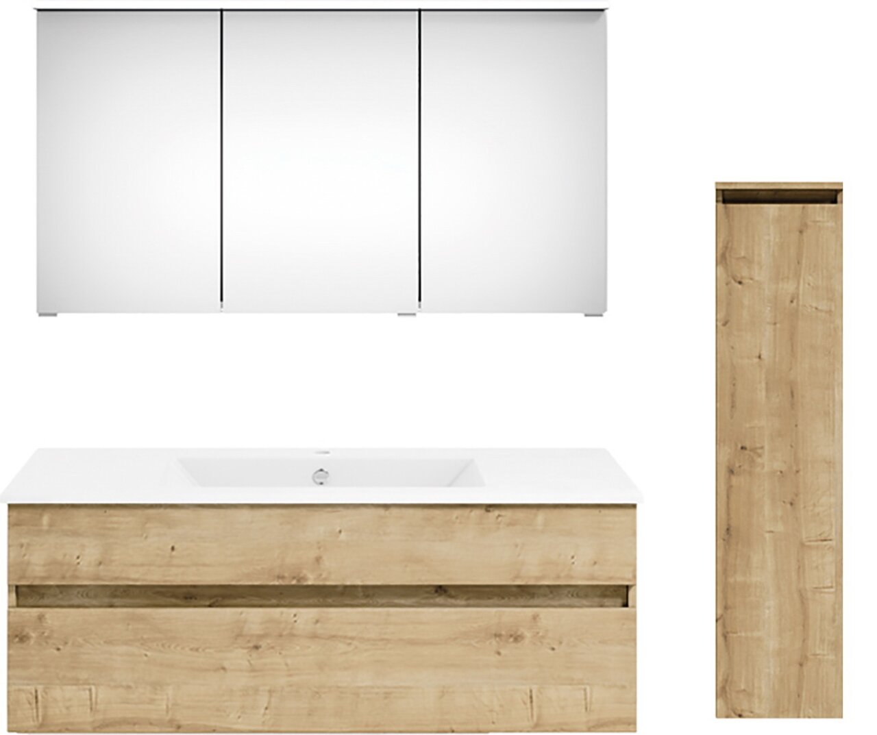 Badkombination mit Spiegelschrank, Waschbeckenunterschrank und hohem Schrank in Holzoptik, Frontalansicht.
