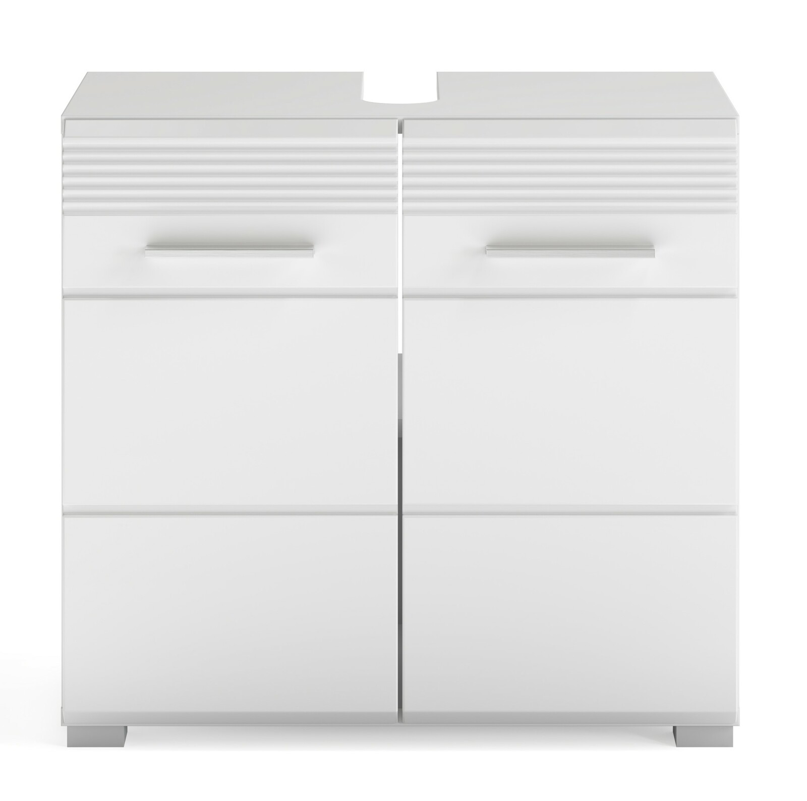 Frontansicht eines weißen Badschranks mit zwei Türen und modernen Griffen, geeignet für die Badkombination MID.YOU LINUS.