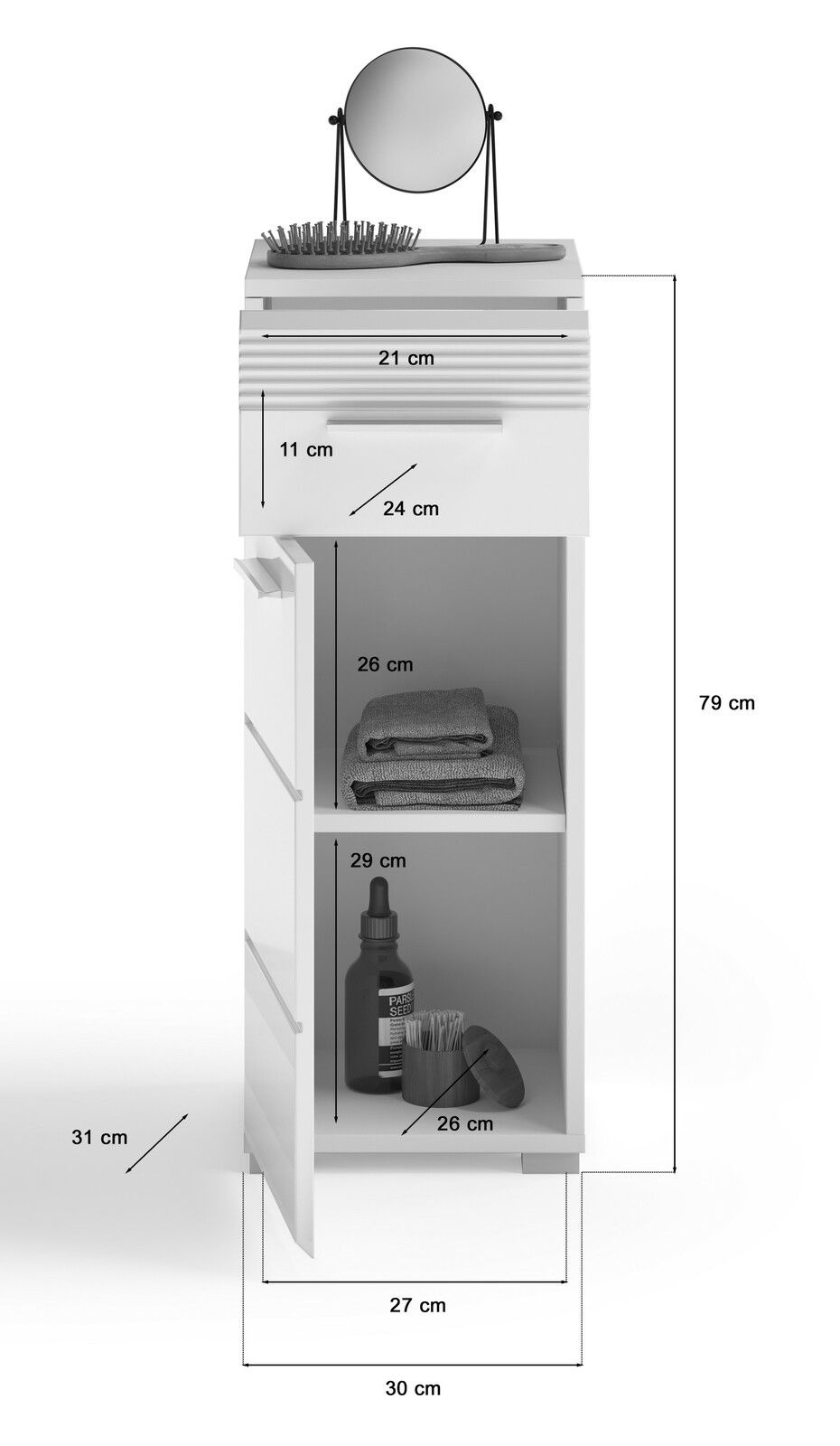 Weißer Standschrank mit zwei offenen Fächern, einer Schublade und einem runden Spiegel auf der Oberseite, seitliche Perspektive.