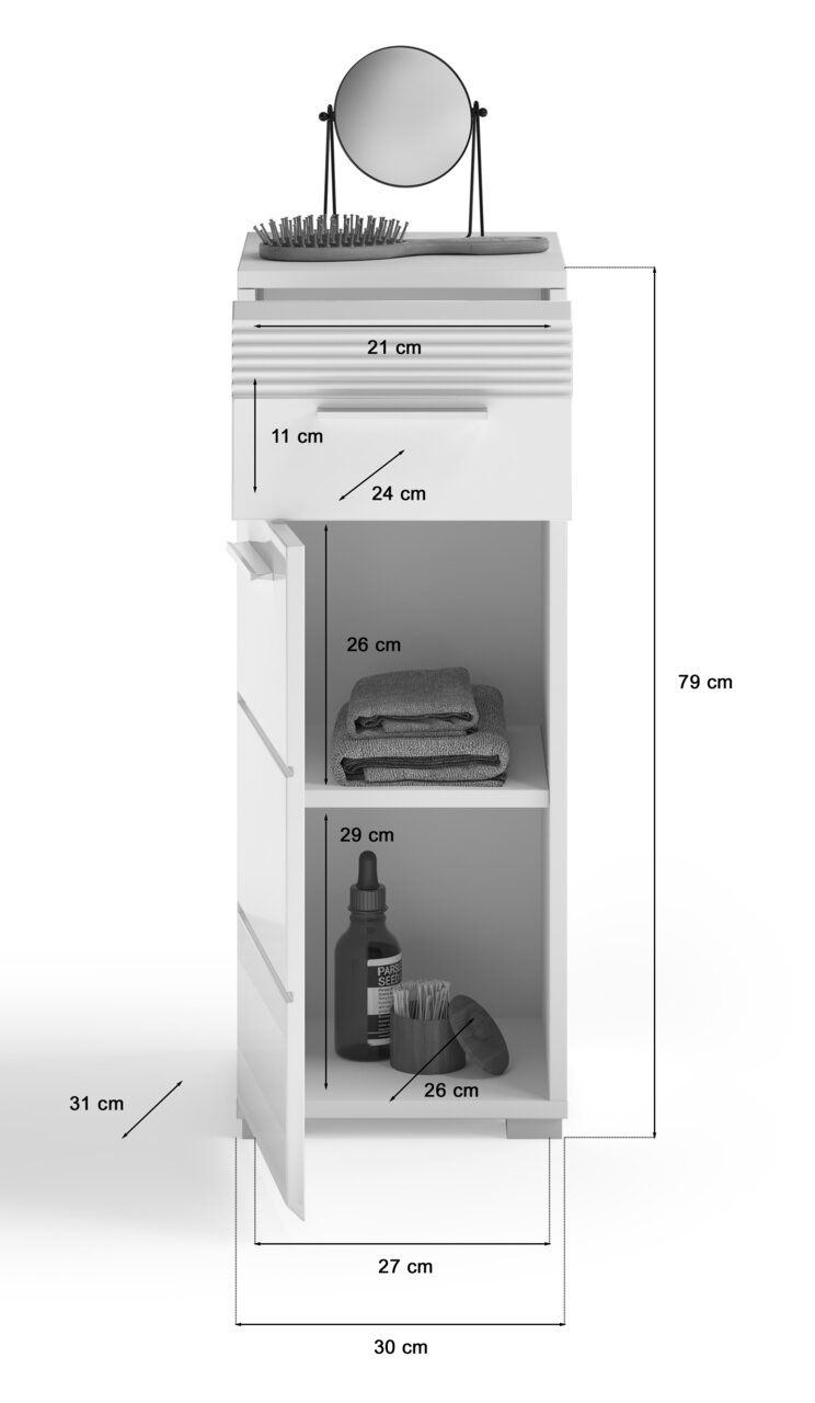 Weißer Standschrank mit zwei offenen Fächern, einer Schublade und einem runden Spiegel auf der Oberseite, seitliche Perspektive.