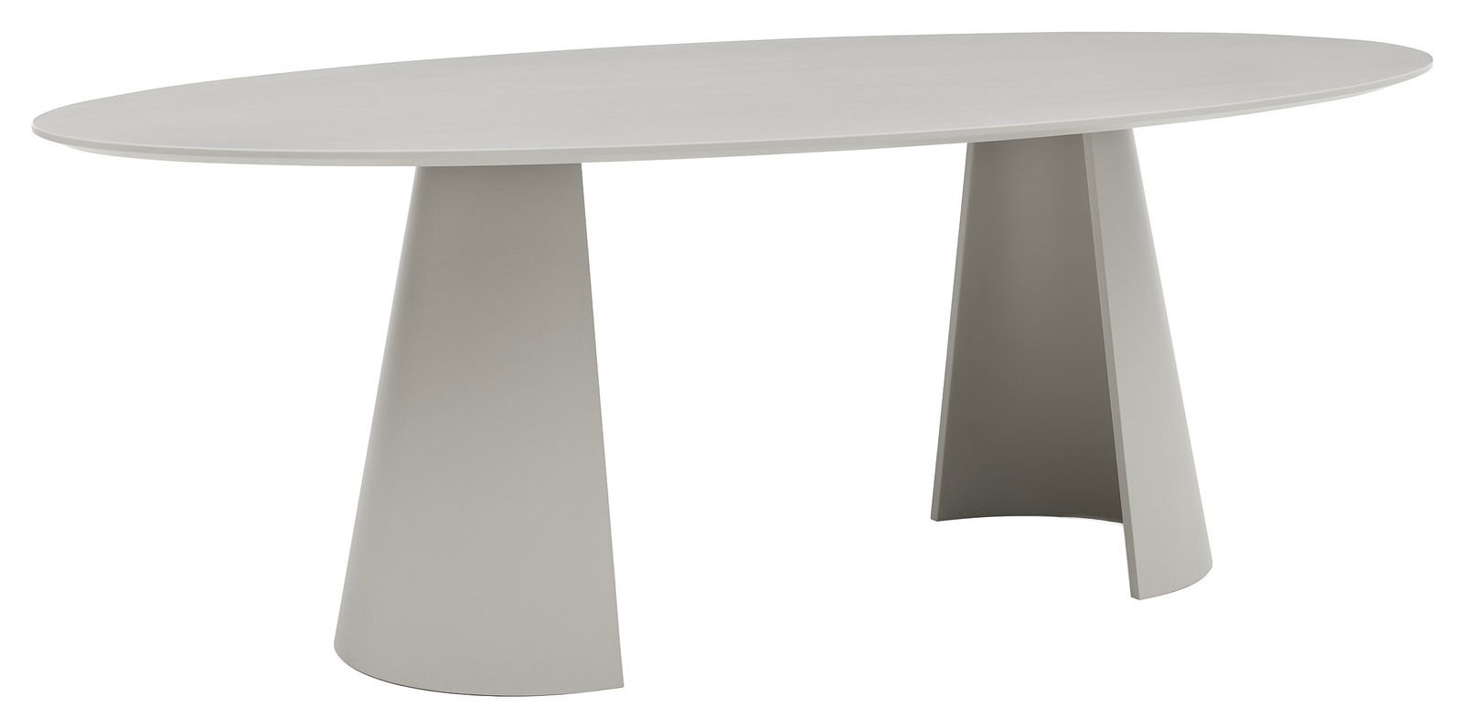 Moderner Esstisch in ovaler Form mit zwei konischen Beinen, seitliche Perspektive.
