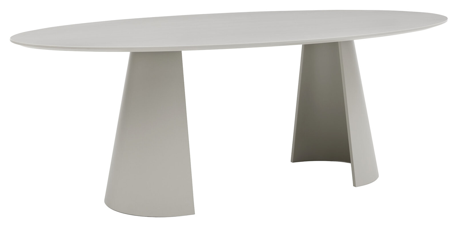Moderner Esstisch in ovaler Form mit zwei konischen Beinen, seitliche Perspektive.