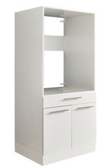 Weißer Geräteschrank mit zwei Türen und einer Schublade, seitliche Perspektive