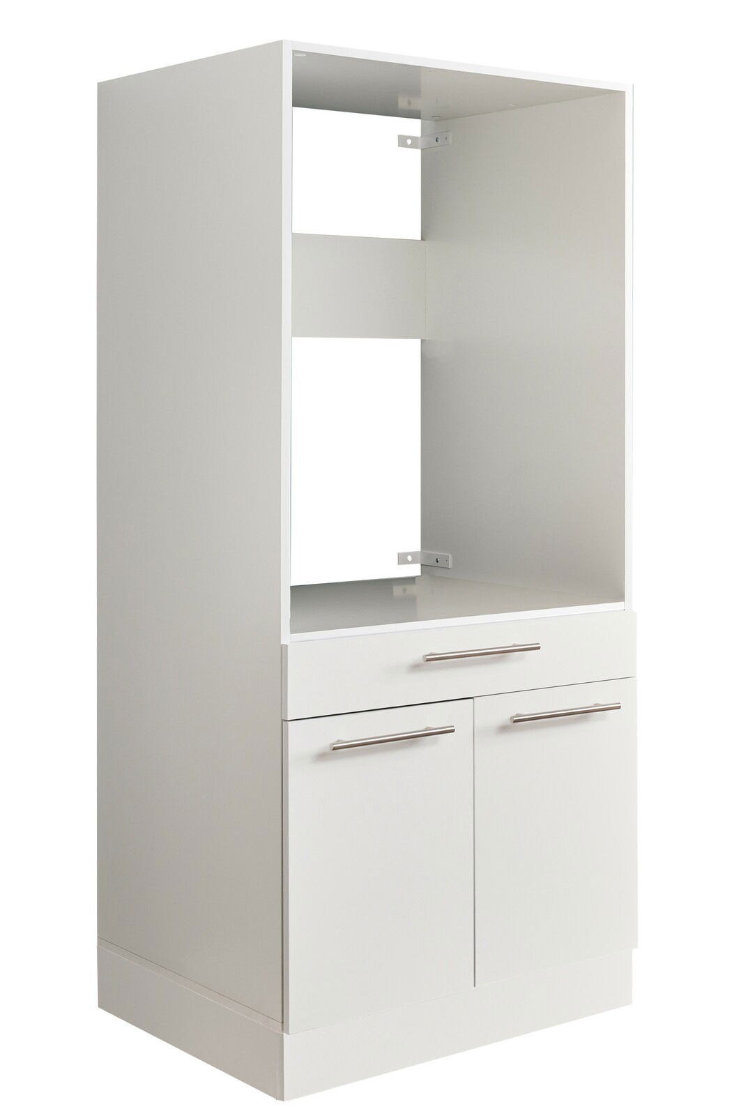 Weißer Geräteschrank mit zwei Türen und einer Schublade, seitliche Perspektive