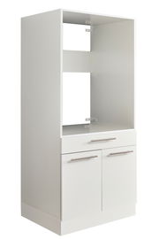 Weißer Geräteschrank mit zwei Türen und einer Schublade, seitliche Perspektive