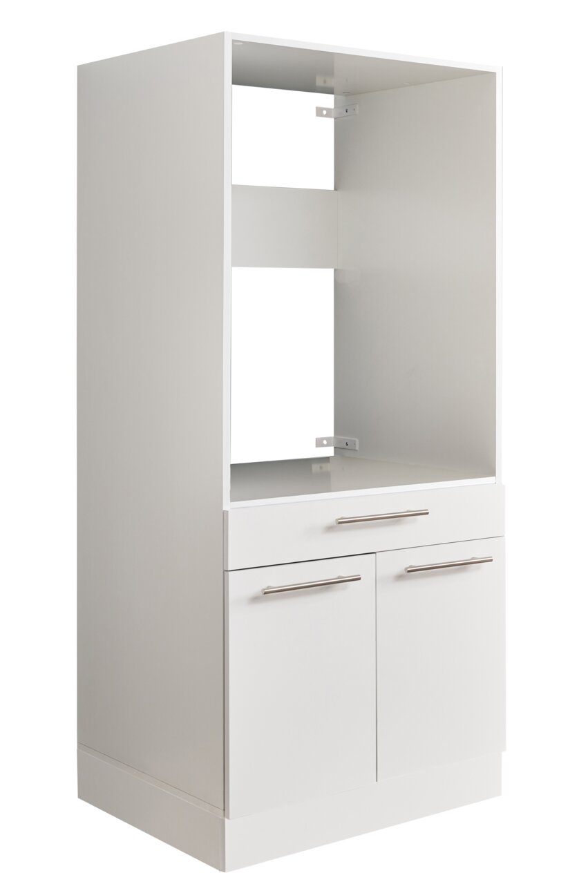 Weißer Geräteschrank mit zwei Türen und einer Schublade, seitliche Perspektive