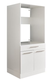 Weißer Geräteschrank mit zwei Türen und einer Schublade, seitliche Perspektive