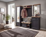 Garderoben-Set in dunklem Holz mit Spiegel, Schuhschrank und Sitzbank, seitliche Perspektive