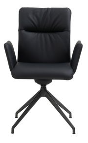 Schwarzer Armlehnstuhl mit modernem Design, frontal fotografiert, auf einem vierbeinigen Metallgestell.