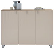 XL-Schuhschrank in Beige mit drei Türen, dekoriert mit Vasen und Büchern auf der Oberseite, Frontalansicht