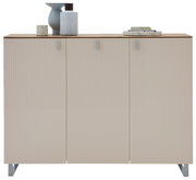 XL-schoenenkast in beige met drie deuren, versierd met vazen en boeken op de bovenkant, vooraanzicht