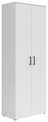 Weißer Mehrzweckschrank mit zwei Türen und schwarzen Griffen, seitliche Perspektive