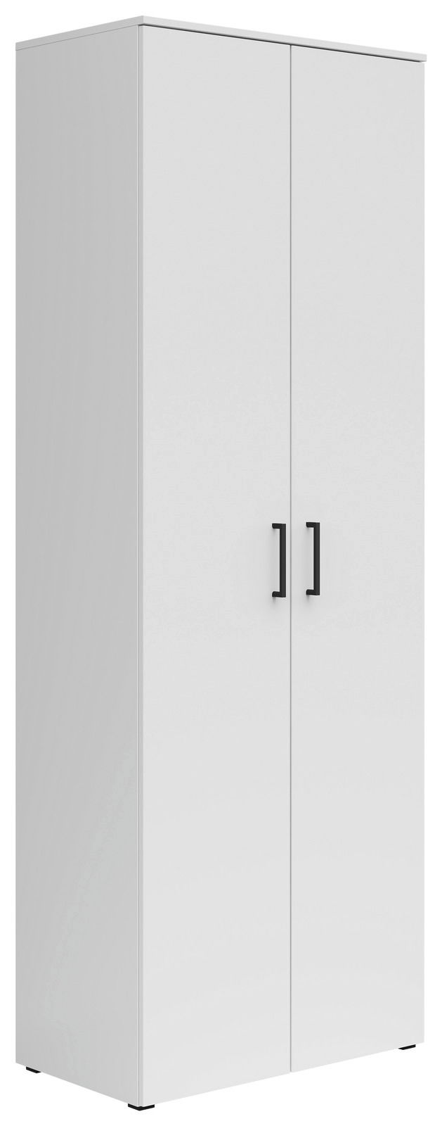 Carryhome Mehrzweckschrank MULTISTAURAUM Weißer Mehrzweckschrank mit zwei Türen und schwarzen Griffen, seitliche Perspektive