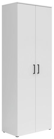 Weißer Mehrzweckschrank mit zwei Türen und schwarzen Griffen, seitliche Perspektive