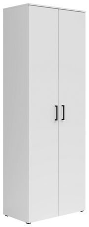 Weißer Mehrzweckschrank mit zwei Türen und schwarzen Griffen, seitliche Perspektive